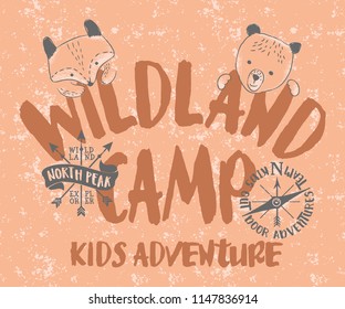 Wild Land camp kids adventure, cute vector print for children baby wear