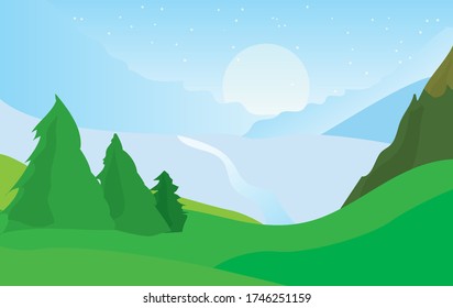 Wilde Landschaft. Vector Illustration der ruhigen Szene in der Wildnis mit Bäumen und Bergen. Kopieren Sie Platz für Text.