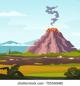 Wild landscape with volcano and lava. Cartoon background for game design projects