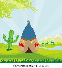 wild landscape with wigwam and wild animals