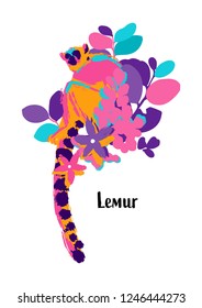 Wild lemur among the exotic plants. Abstract vector design drawn in the technique of rough brush in vibrant colors