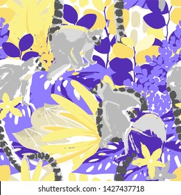 The wild lemurs sitting among the exotic plants. Abstract vector seamless pattern drawn in the technique of rough brush in vivid colors