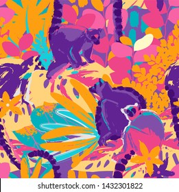 The wild lemurs sitting among the exotic plants. Abstract vector seamless pattern drawn in the technique of rough brush in vivid colors