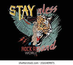 Leopardo salvaje con diseño gráfico de águila. Impresión gráfica de rock y roll para afiches, pegatinas, antecedentes y otros. Diseño de impresión de camisetas de alas águilas.