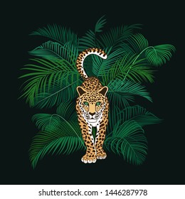 
Wild leopard on the background of palm leaves.
Color vector illustration.  Hand-drawn image of wildlife.