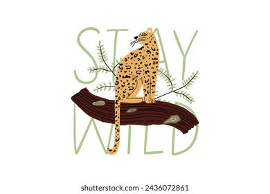 A wild leopard sits on a branch. Jungle, wild animals. Vector illustration in flat style.