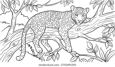 Wild Leopard Walking On Tree Coloring Page