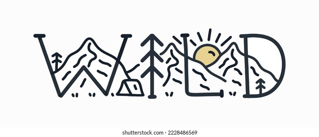 Wild letter with mono line mountain nature design around it