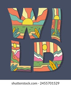Wild letter with nature mountain camping design. use for t-shirt, sticker, and other use