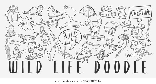 Wild Life Adventure Doodle Line Art Illustration. Hand Drawn Vector Clip Art. Banner Set Logos.