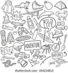 Wild Life Adventure Sport Doodle Icons Sketch Hand Made Graphics vector Illustration Clip Art.