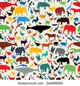 Wild life animal silhouettes  seamless pattern design in retro style colors