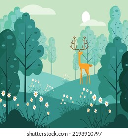 Wild Life Background Reindeer Grassland Icons Cartoon Design.