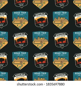 Wild life badges pattern. Camping Adventure seamless background with mountains, bison buggalo and RV trailer. Stock vector texture