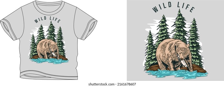 wild life bear t-shirt design background color is a gray and t-shirt color is a gray beautiful color and beautiful design