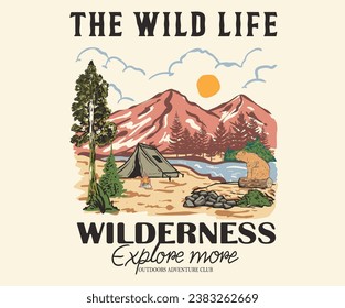 Wild life. Colorado adventure retro print design for t shirt and others. National park graphic artwork for sticker, poster, background.	Explore more at the mountain.