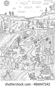 Wild life in desert drawn in line art style. Coloring book page design. Vector Illustration