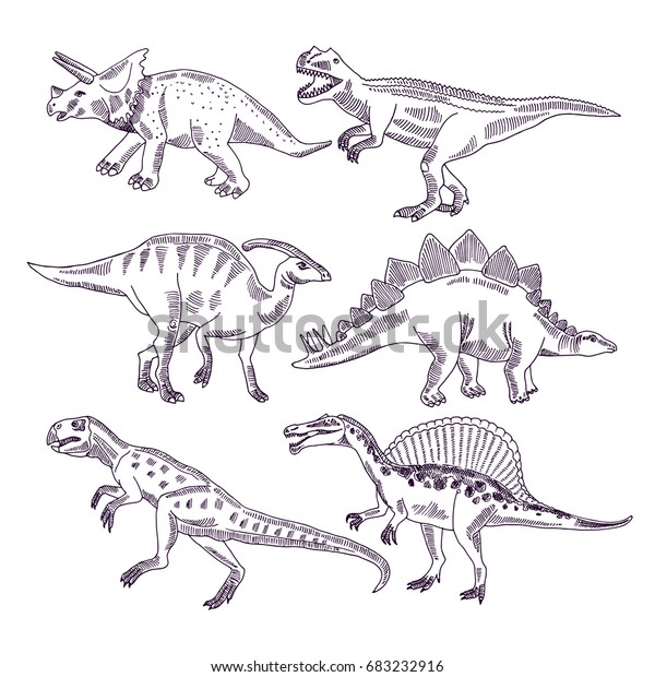 恐竜との野生生活 Tレックスなどの種類の手描きのイラストセット 恐竜のスケッチ動物図 怪獣文字先史時代のティラノサウルス トリケラトプス のベクター画像素材 ロイヤリティフリー