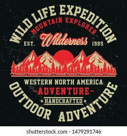  Wild life expedition, mountain explorer adventure slogan, typography, t-shirt graphics, vectors