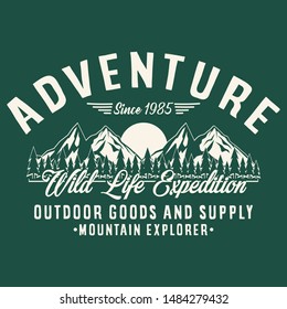 Wild life expedition, mountain explorer, adventure slogan typography, t-shirt graphics, vectors