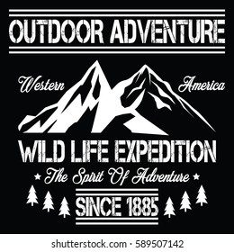 Wild life expedition, outdoor adventure, mountain typography, t-shirt graphics, vectors