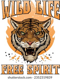 Wild life free spirit, Head tiger, Retro tiger, Wild life, Tiger vector.