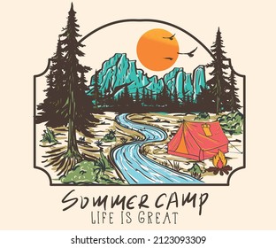 Wild life graphic print design for t shirt and others. Mountain camping artwork design.