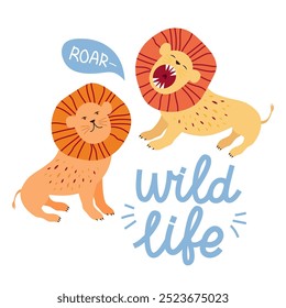 Wild life hand drawn lettering with lions isolated on a white background.