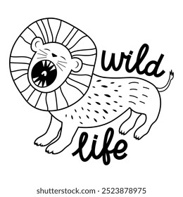 Wild life hand drawn lettering with lion isolated on a white background.