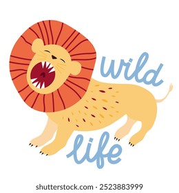 Wild life hand drawn lettering with yellow lions isolated on a white background.