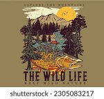 Wild life. Keep wild nature. Fish with mountain graphic print design for t shirt , sticker, posters and others. Mountain lake artwork design. trout fish design.