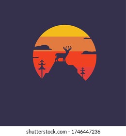 Wild life logo badge design. Reindeer on the top of mountain logo design.