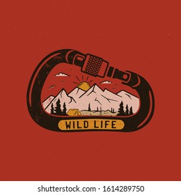 Wild life Logo Design print. Mountain adventure scene badge inside the carabiner. Wilderness patch. Camp design for t-shirt, other prints. Outdoor insignia label. Stock vector