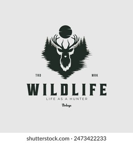 wild life logo vector vintage illustration, life as a hunter of deer template design