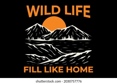 wild life mountain lake hand drawn vintage illustration