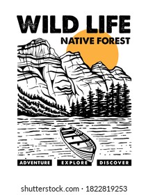 Wild Life Mountains, Forest, Boat On The Lake Hand Drawn Illustration