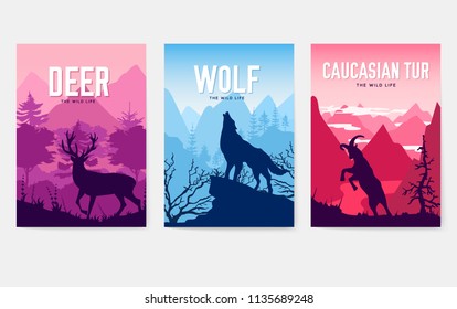 Wild Life In Nature Vector Brochure Cards Set. Animals Template Of Flyear, Magazines, Poster, Book Cover, Banners. Habitat Invitation Concept Background. Layout Illustration Modern 