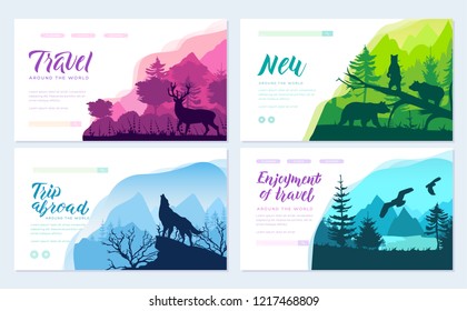 Wild life in nature vector brochure cards set. Animals template of flyear, magazines, poster, book cover, banners. Habitat invitation concept background. Layout illustration modern page