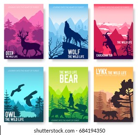 Wild life in nature vector brochure cards set. Animals template of flyear, magazines, poster, book cover, banners. Habitat invitation concept background. Layout illustration modern page