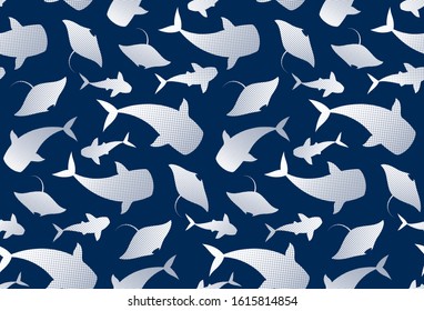 Wild life ocean animals deep navy blue and white background. Whales, manta rays, sharks, whale shark fishes, sea mammals vector seamless pattern. 
