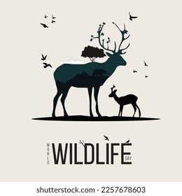 Wild Life poster design, Vintage style with animals, birds and trees