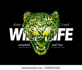 wild life slogan on green leopard face vector illustration on black background