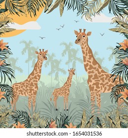 Wild life tropical illustration girafe animal in frame of leaves and lily flowers pattern on tropic jungle background with palm, sun, birds and clouds. Trendy vivid exotic vector wallpaper