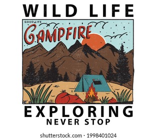 Wild life vector print design. Campfire at the mountain t shirt artwork. Wilderness outdoors illustration for apparel and others.  