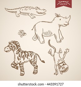 Wild life zoo friendly funny animal icon set. Engraving style pen pencil crosshatch hatching paper painting retro vintage vector lineart illustration. Smiling crocodile rhinoceros zebra dancing monkey