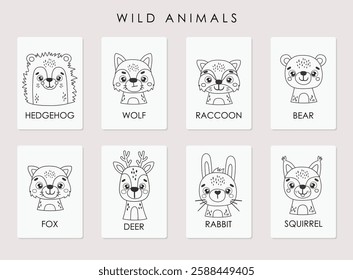 Wild line animals posters, cute forest animals coloring, kids vector cartoon outline