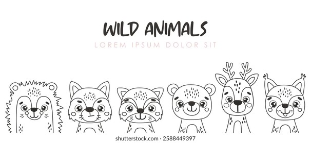 Wild line animals set isolated, cute forest animals coloring, kids vector cartoon, outline