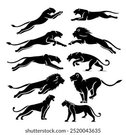 Wild Lion Action Silhouette Vector Set for Graphic Arts
