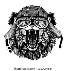 Wild lion biker animal wearing motorcycle helmet. Hand drawn image for tattoo, emblem, badge, logo, patch, t-shirt.