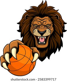 Wild Lion Clutching Basketball With Fierce Expression Sports Mascot Logo Design. Vector Hand Drawn Illustration Isolated On Transparent Background